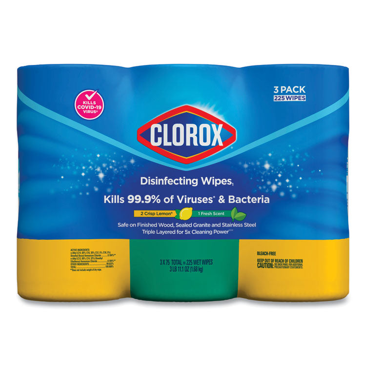 Clorox® Disinfecting Wipes, 1-Ply, 7 x 8, Fresh Scent/Citrus Blend, White, 75/Canister, 3/Pack, 4 Packs/Carton (CLO30208)