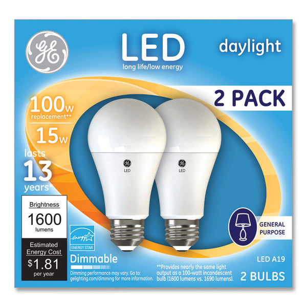 GE 100W LED Bulbs, A19, 15 W, Daylight, 2/Pack (GEL93127672)