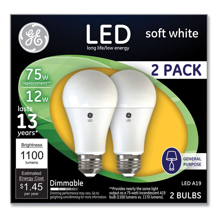 GE 75W LED Bulbs, A19, 12 W, Soft White, 2/Pack (GEL93127324)