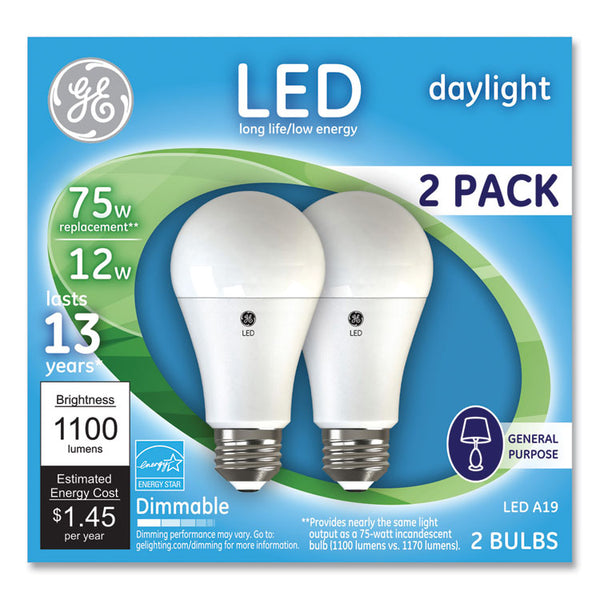 GE 75W LED Bulbs, A19, 12 W, Daylight, 2/Pack (GEL93127670)