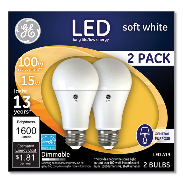 GE 100W LED Bulbs, A19, 15 W, Soft White, 2/Pack (GEL93127668)