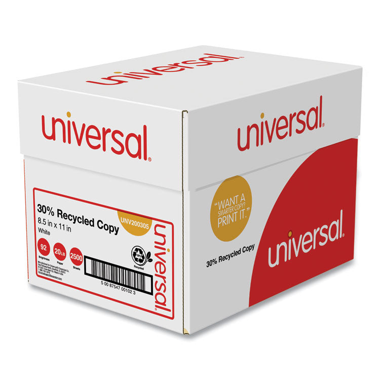 Universal® 30% Recycled Copy Paper, 92 Bright, 20 lb Bond Weight, 8.5 x 11, White, 500 Sheets/Ream, 5 Reams/Carton (UNV200305)