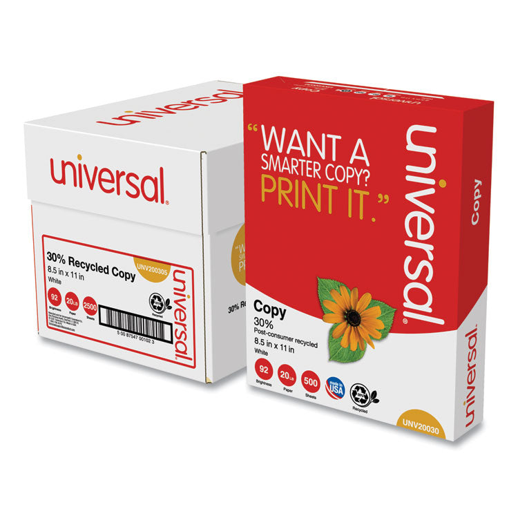 Universal® 30% Recycled Copy Paper, 92 Bright, 20 lb Bond Weight, 8.5 x 11, White, 500 Sheets/Ream, 5 Reams/Carton (UNV200305)