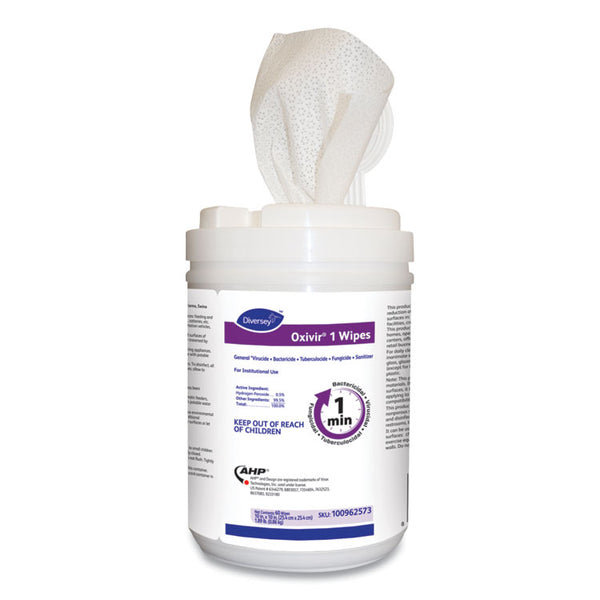 Diversey™ Oxivir 1 Wipes, 1-Ply, 10 x 10, Characteristic Scent, White, 60 Canister, 12 Canisters/Carton (DVO100962573)