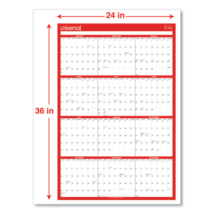 Erasable Wall Calendar, 24 x 36, White/Red Sheets, 12-Month (Jan to Dec): 2025 (UNV71004) Each