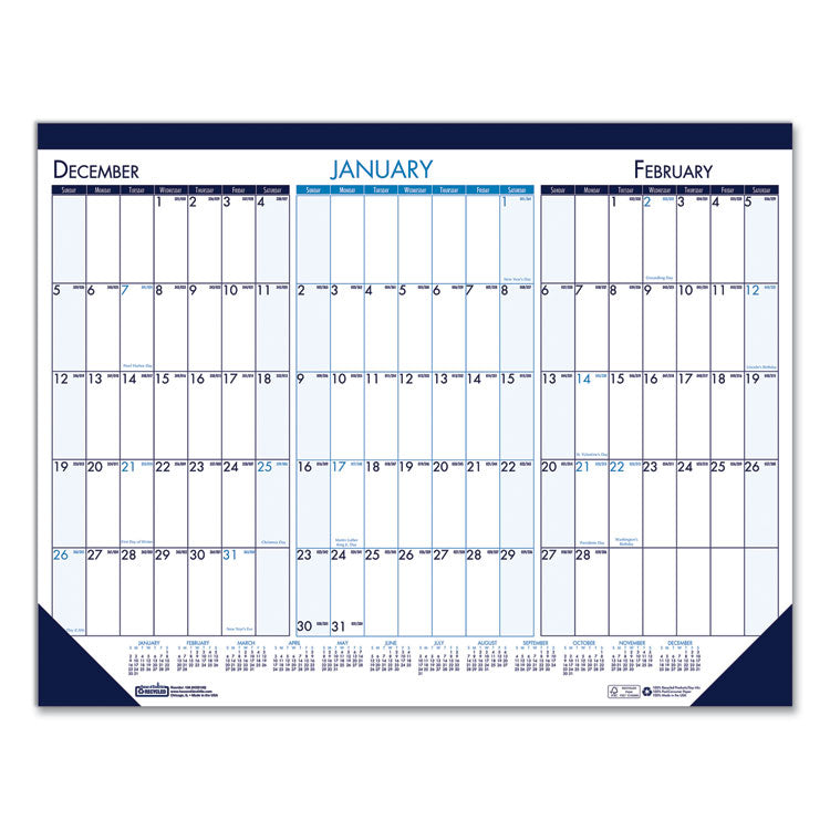 House of Doolittle™ Three Month Desk Pad, 22 x 17, White/Blue/Teal Sheets, Blue Binding, Blue Corners, 14-Month: Dec 2025 to Jan 2027 (HOD136) Each