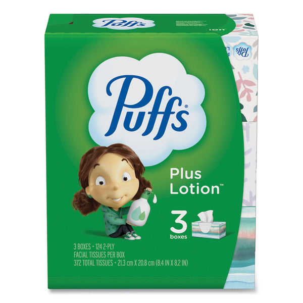 Puffs® Plus Lotion Facial Tissue, 2-Ply, White, 124/Box, 3 Box/Pack, 8 Packs/Carton (PGC39363)