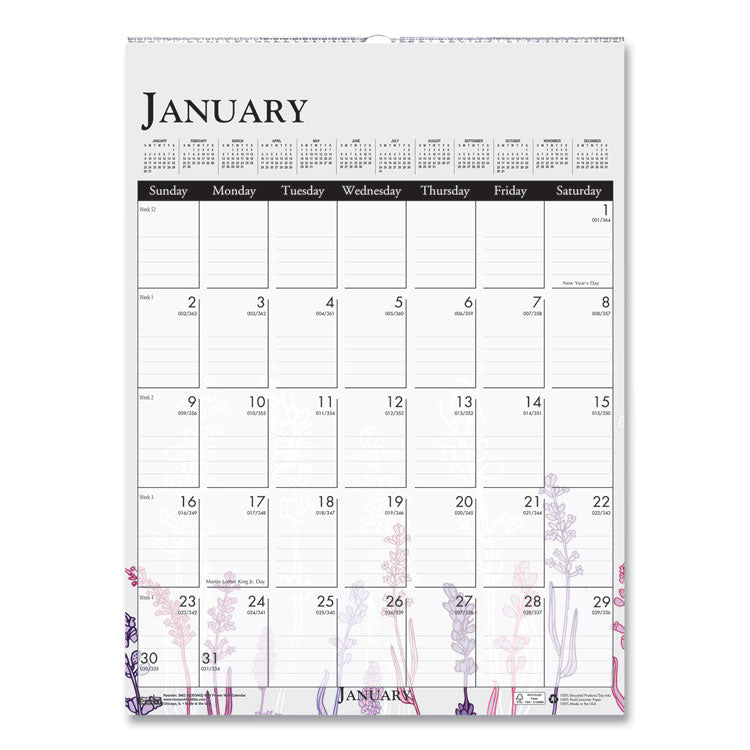 House of Doolittle™ Recycled Wild Flower Wall Calendar, Wild Flowers Artwork, 12 x 16.5, White/Multicolor Sheets, 12-Month (Jan to Dec): 2026 (HOD3462) Each
