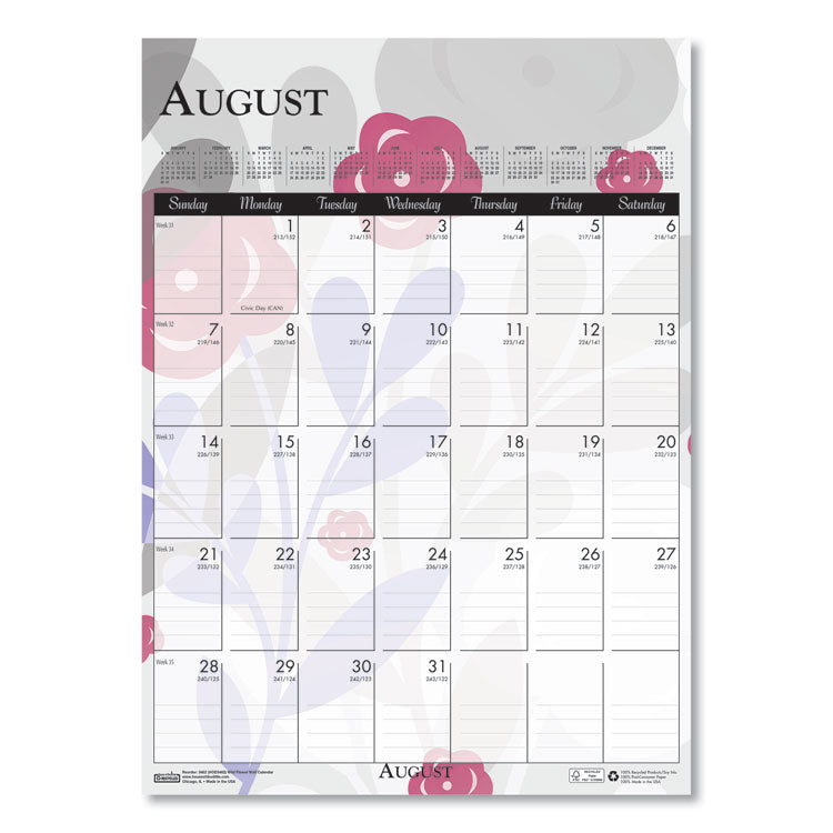 House of Doolittle™ Recycled Wild Flower Wall Calendar, Wild Flowers Artwork, 12 x 16.5, White/Multicolor Sheets, 12-Month (Jan to Dec): 2026 (HOD3462) Each