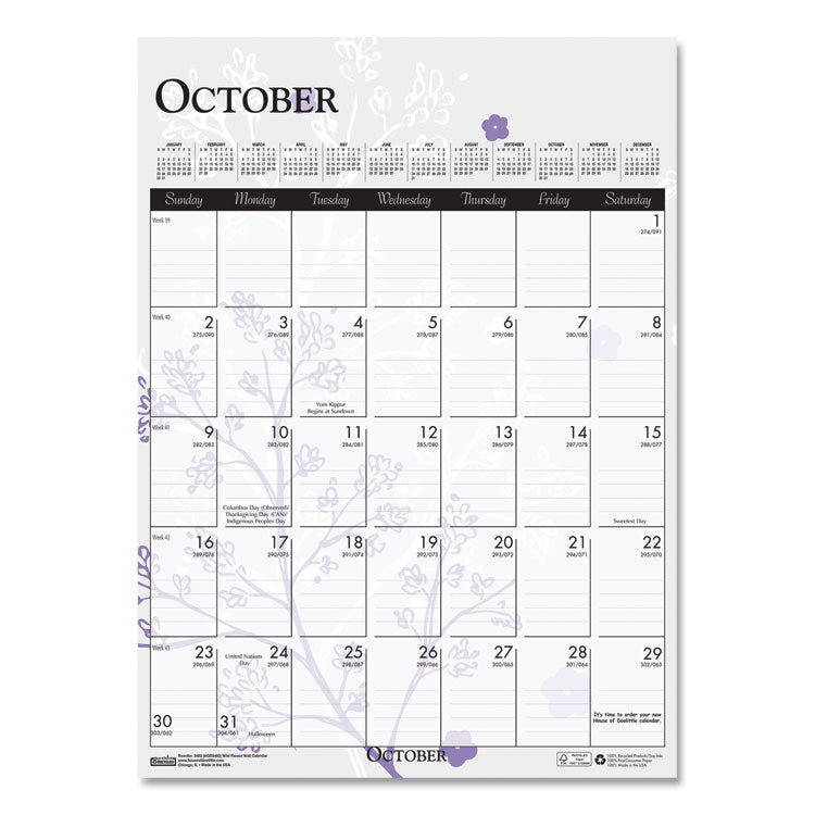 House of Doolittle™ Recycled Wild Flower Wall Calendar, Wild Flowers Artwork, 12 x 16.5, White/Multicolor Sheets, 12-Month (Jan to Dec): 2026 (HOD3462) Each