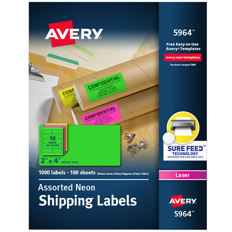 Avery® High-Visibility Permanent Laser ID Labels, 2 x 4, Neon Assorted, 1000/Box (AVE5964) Box of 1000