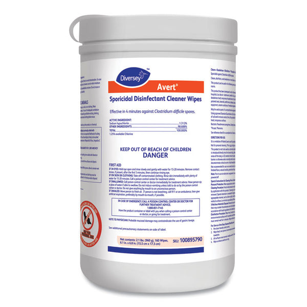 Diversey™ Avert Sporicidal Disinfectant Cleaner Wipes, 6 x 7, Chlorine Scent, 160/Canister, 12/Carton (DVO100895790)