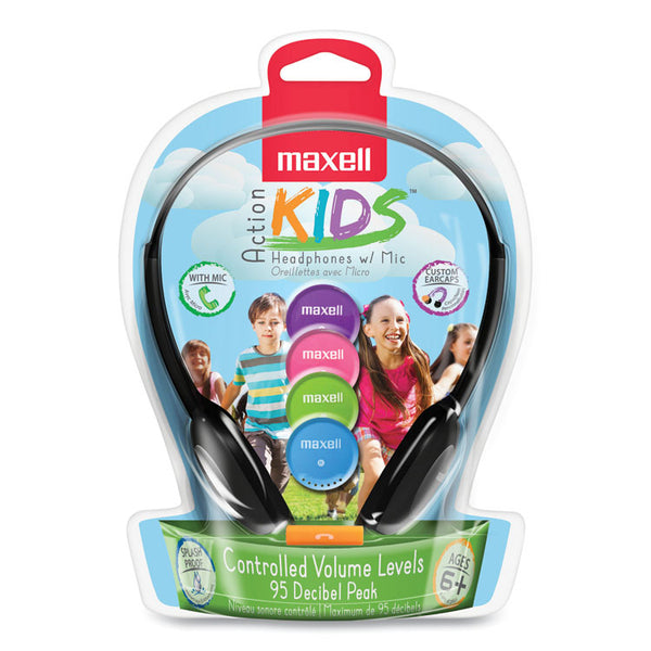 Maxell® Kids Safe Headphones with Inline Microphone, 4 ft Cord, Black with Interchangeable Pink/Blue/Silver Caps (MAX195004) Each