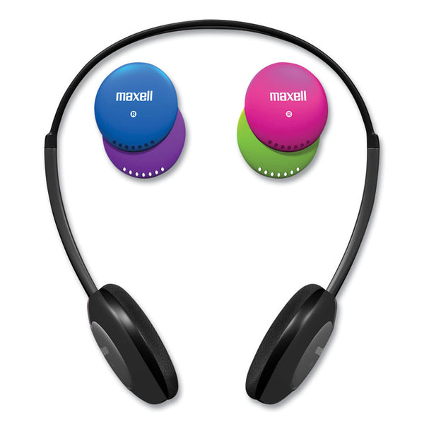 Maxell® Kids Safe Headphones with Inline Microphone, 4 ft Cord, Black with Interchangeable Pink/Blue/Silver Caps (MAX195004) Each