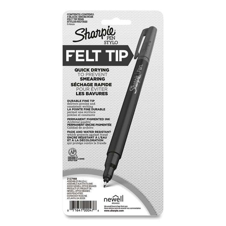Sharpie® Water-Resistant Ink Porous Point Pen, Stick, Fine 0.4 mm, Black Ink, Black Barrel, 4/Pack (SAN1742661) Pack of 4