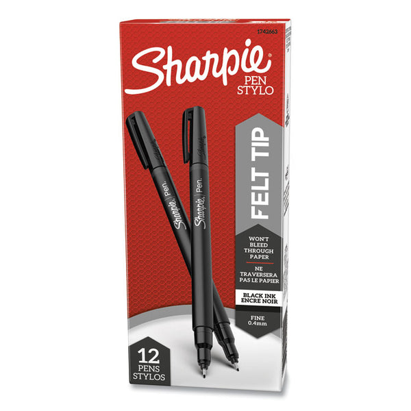 Sharpie® Water-Resistant Ink Porous Point Pen, Stick, Fine 0.4 mm, Black Ink, Black Barrel, Dozen (SAN1742663)