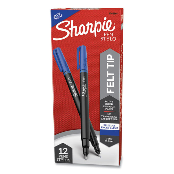 Sharpie® Water-Resistant Ink Porous Point Pen, Stick, Fine 0.4 mm, Blue Ink, Black/Blue Barrel, Dozen (SAN1742664)