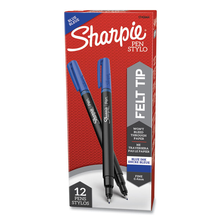 Sharpie® Water-Resistant Ink Porous Point Pen, Stick, Fine 0.4 mm, Blue Ink, Black/Blue Barrel, Dozen (SAN1742664) Box of 12