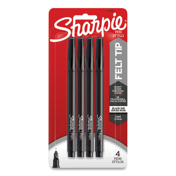 Sharpie® Water-Resistant Ink Porous Point Pen, Stick, Fine 0.4 mm, Black Ink, Black Barrel, 4/Pack (SAN1742661)