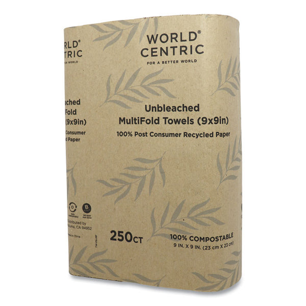 World Centric® 100 Percent PCW Recycled Paper Towels, 1-Ply, 9 x 9, Natural, 250/Pack, 16 Packs/Carton (WORTWPAMF) Case of 4000