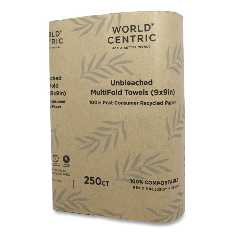 World Centric® 100 Percent PCW Recycled Paper Towels, 1-Ply, 9 x 9, Natural, 250/Pack, 16 Packs/Carton (WORTWPAMF) Case of 4000
