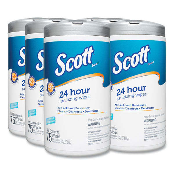 Scott® 24-Hour Sanitizing Wipes, 1-Ply, 4.5 x 8.25, Fresh, White, 75/Canister, 6 Canisters/Carton (KCC53609)
