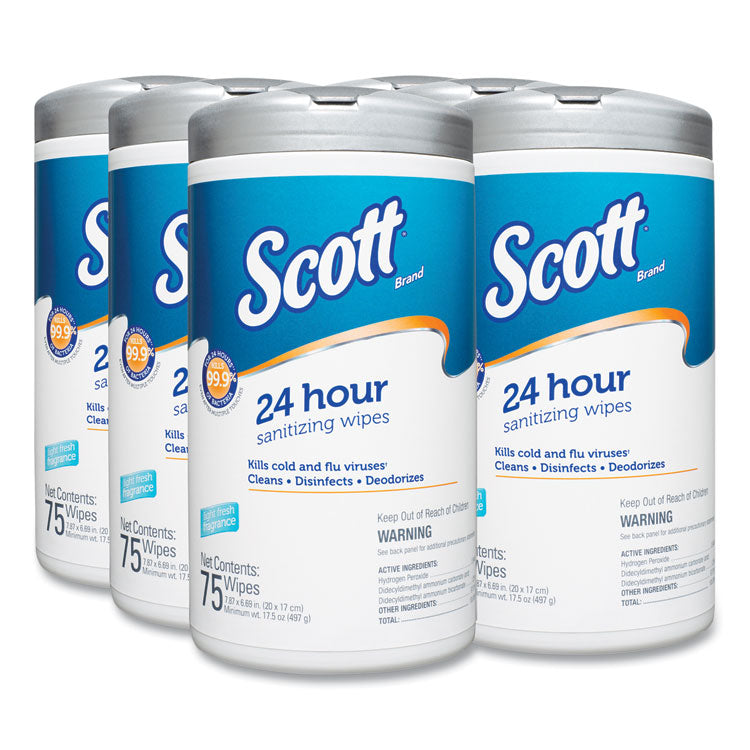 Scott® 24-Hour Sanitizing Wipes, 1-Ply, 4.5 x 8.25, Fresh, White, 75/Canister, 6 Canisters/Carton (KCC53609) Case of 6