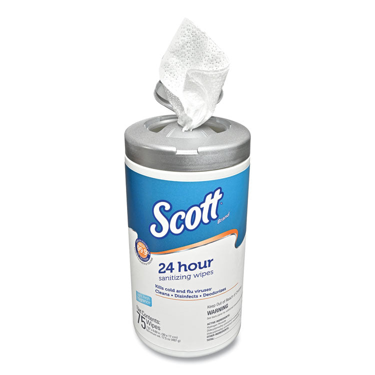 Scott® 24-Hour Sanitizing Wipes, 1-Ply, 4.5 x 8.25, Fresh, White, 75/Canister, 6 Canisters/Carton (KCC53609) Case of 6