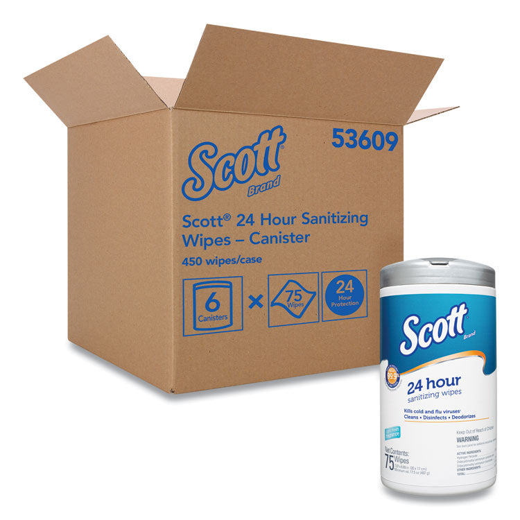 Scott® 24-Hour Sanitizing Wipes, 1-Ply, 4.5 x 8.25, Fresh, White, 75/Canister, 6 Canisters/Carton (KCC53609) Case of 6