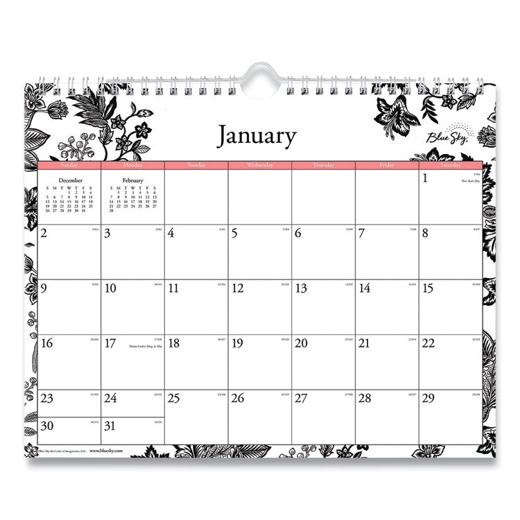 Analeis Wall Calendar, Floral Artwork, 11 x 8.75, White/Black/Coral Sheets, 12-Month (Jan to Dec): 2025 (BLS100028) Each