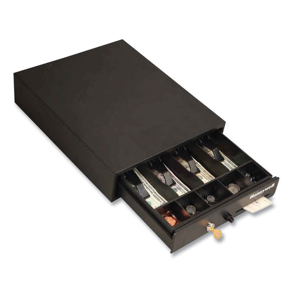 Honeywell Space-Saving Steel Cash Drawer, 4 Bill, 5 Coin Slots, Key Lock, 17 x 13 x 4, Black (HWL6313) Each