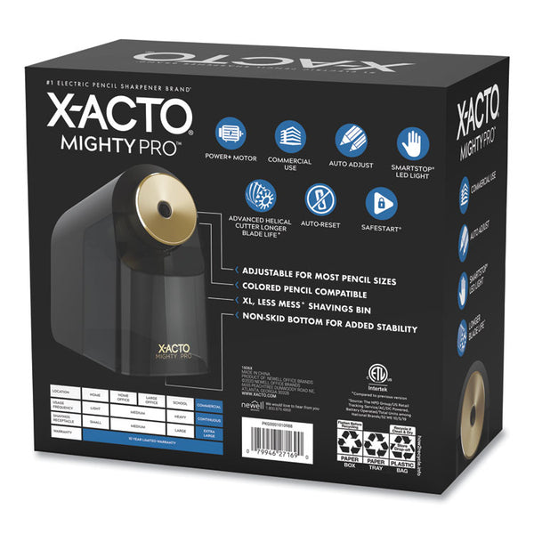 X-ACTO® Model 1606 Mighty Pro Electric Pencil Sharpener, AC-Powered, 4 x 8 x 7.5, Black/Gold/Smoke (EPI1606X)