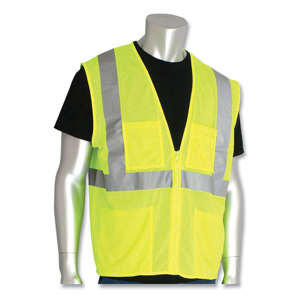 PIP ANSI Class 2 Four Pocket Zipper Safety Vest, Polyester Mesh, 5X-Large, Hi-Viz Lime Yellow (PIDMVGZ4PLY5X) Each