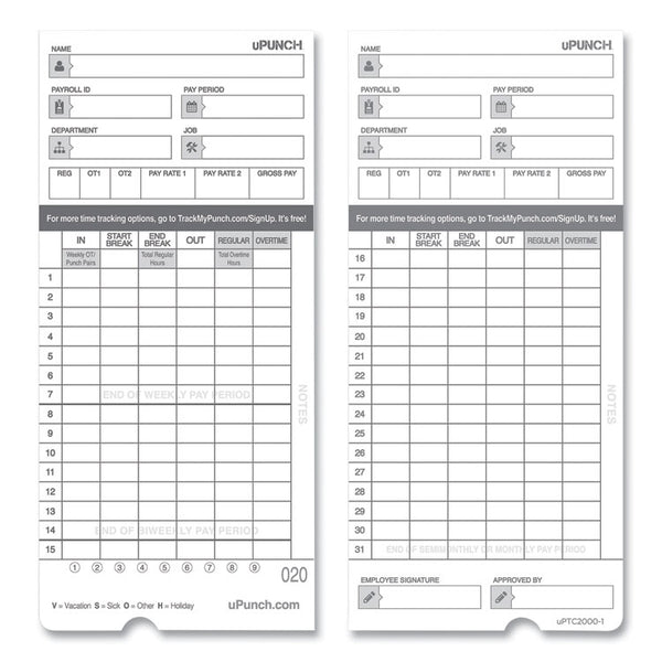 uPunch™ Time Clock Cards for uPunch HN4000, Two Sides, 7.37 x 3.37, 50/Pack (PPZHNTCL2050)