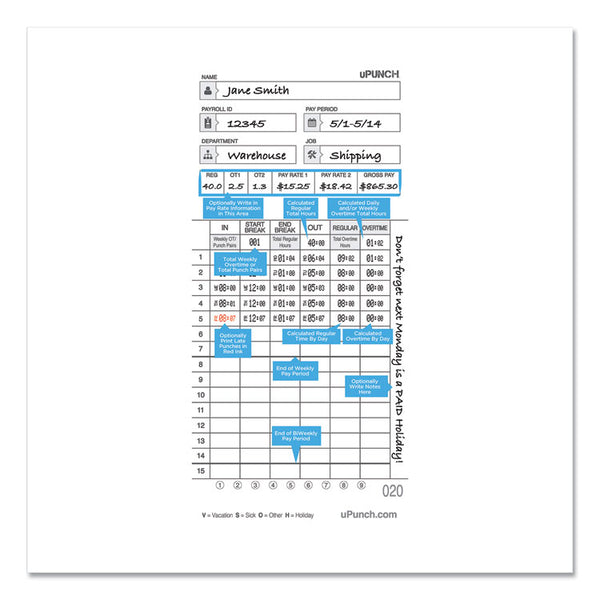 uPunch™ Time Clock Cards for uPunch HN4000, Two Sides, 7.37 x 3.37, 50/Pack (PPZHNTCL2050)