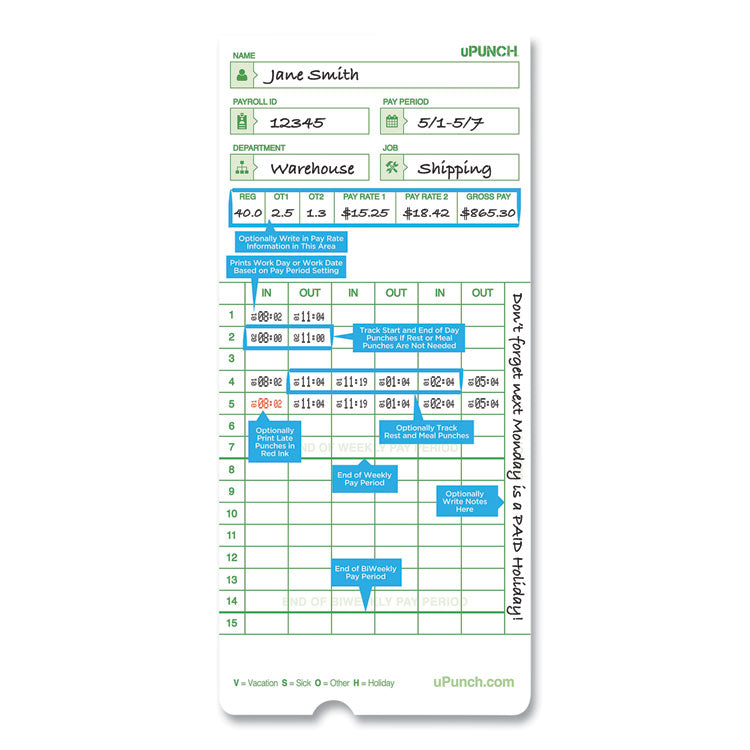 uPunch™ Time Clock Cards for uPunch HN3000, Two Sides, 7.37 x 3.37, 50/Pack (PPZHNTCG1050)