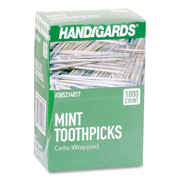 Handgards® Individually Wrapped Round Wood Mint Toothpicks, 4", Natural, 1,000/Box, 12 Boxes/Carton (HDG426605) Case of 12000