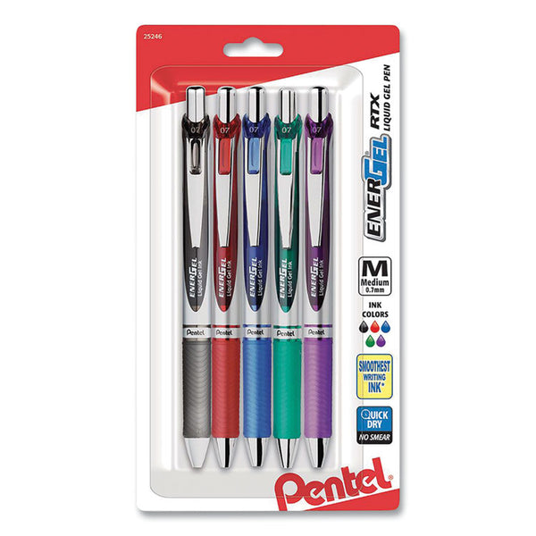 Pentel® EnerGel RTX Gel Pen, Retractable, Medium 0.7 mm, Assorted Ink and Barrel Colors, 5/Pack (PENBL77BP5M)