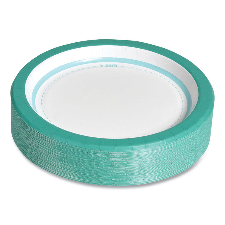 Perk™ Everyday Paper Plates, 8.5" dia, White/Teal, 125/Pack (PRK24375263)