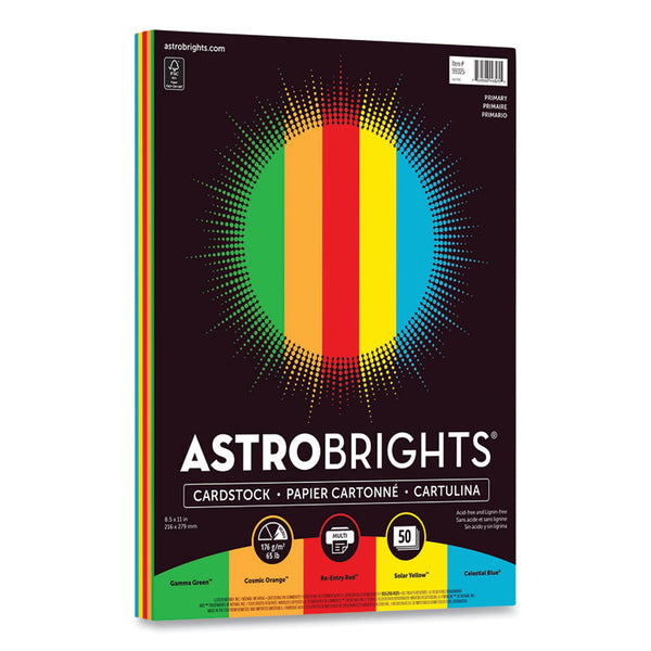 Astrobrights® Color Cardstock, 65 lb Cover Weight, 8.5 x 11, Assorted Primary Colors, 50/Pack (WAU9932502)