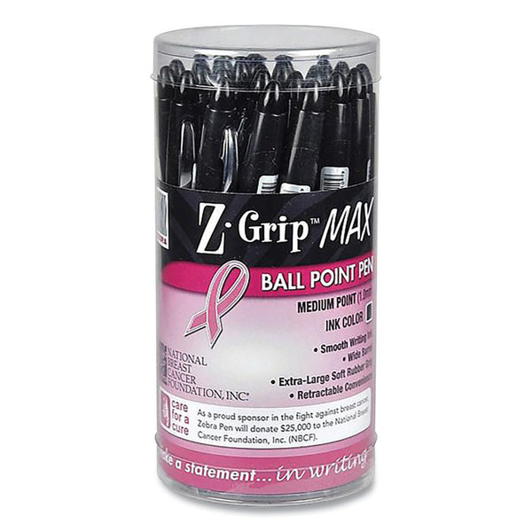 Zebra® Z-Grip MAX Breast Cancer Awareness Ballpoint Pen, Retractable, Bold 1.2 mm, Black Ink, Silver/Black Barrel, 24/Pack (ZEB32577)