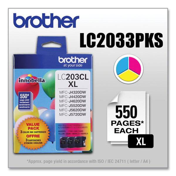 Brother LC2033PKS Innobella High-Yield Ink, 550 Page-Yield, Cyan/Magenta/Yellow (BRTLC2033PKS)