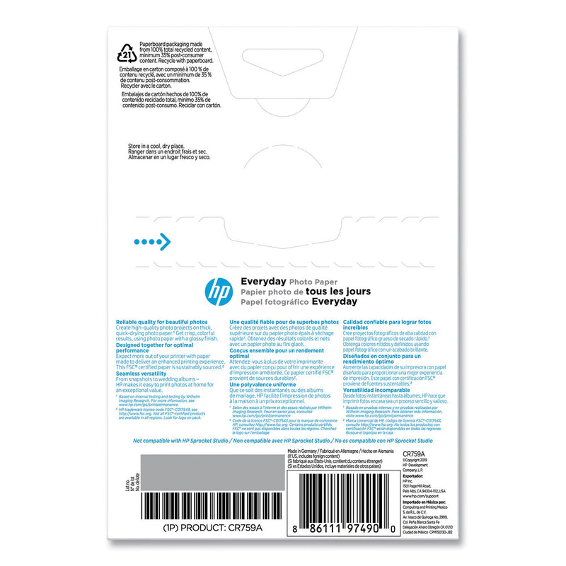 HP Everyday Glossy Photo Paper, 8 mil, 4 x 6, Glossy White, 100/Pack (HEWCR759A)