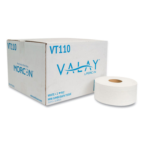 Morcon Tissue Valay Mini Jumbo Bath Tissue, Septic Safe, 2-Ply, White, 750 ft, 12 Rolls/Carton (MORVT110)