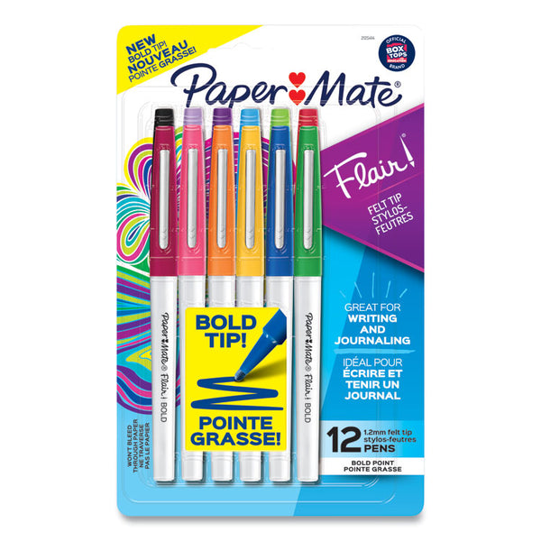 Paper Mate® Flair Felt Tip Porous Point Pen, Stick, Bold 1.2 mm, Assorted Ink Colors, White Pearl Barrel, 12/Pack (PAP2125414)