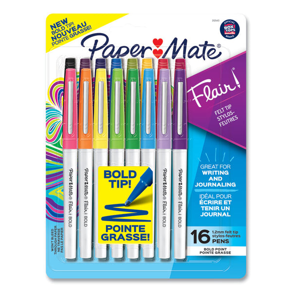 Paper Mate® Flair Felt Tip Porous Point Pen, Stick, Bold 1.2 mm, Assorted Ink Colors, White Pearl Barrel, 16/Pack (PAP2125413)