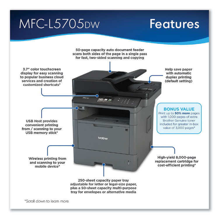 Brother MFC-L5705DW Wireless All-in-One Laser Printer, Copy/Fax/Print/Scan (BRTMFCL5705DW)