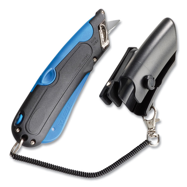 COSCO Easycut Self-Retracting Cutter with Safety-Tip Blade, Holster and Lanyard, 6" Plastic Handle, Black/Blue (COS091524) Each