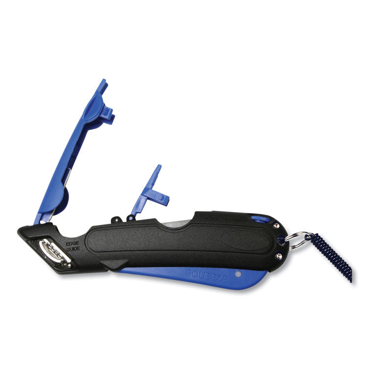 COSCO Easycut Self-Retracting Cutter with Safety-Tip Blade, Holster and Lanyard, 6" Plastic Handle, Black/Blue (COS091524) Each