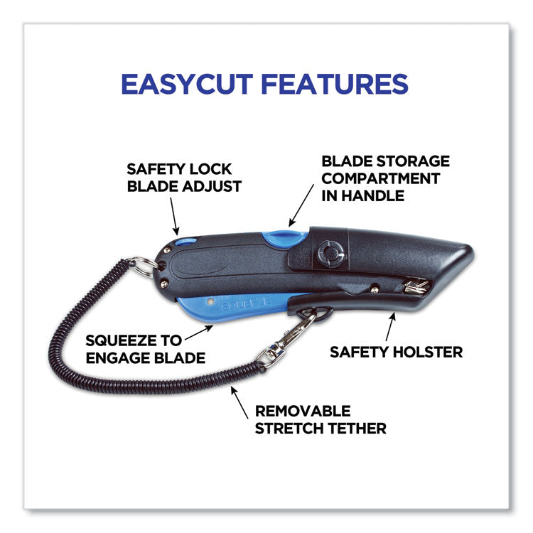 COSCO Easycut Self-Retracting Cutter with Safety-Tip Blade, Holster and Lanyard, 6" Plastic Handle, Black/Blue (COS091524) Each